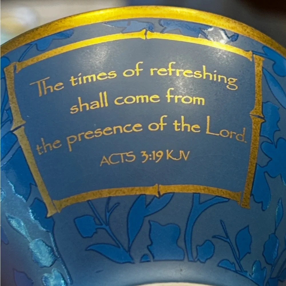 DaySpring Scripture Verse Tea Cup and saucer. Verse- Acts 3:19 KJV Blue & Gold